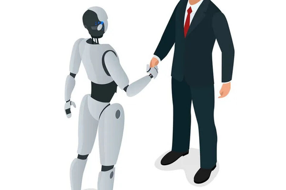 Depositphotos 153087862 stock illustration men and robot greet or
